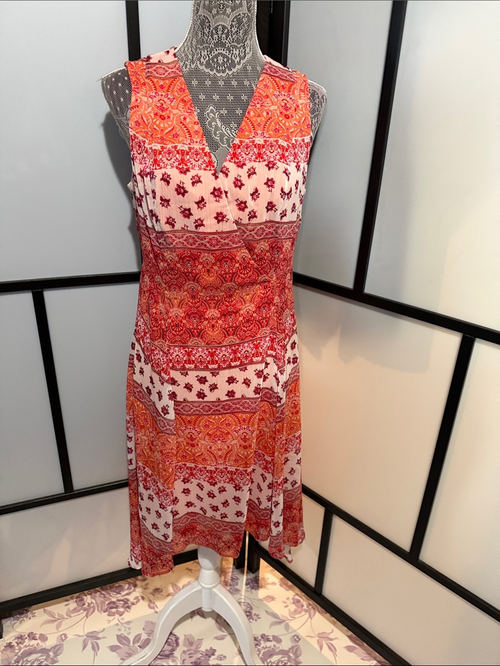 Chaps Red & Orange Paisley V-Neck Sleeveless Mini Dress